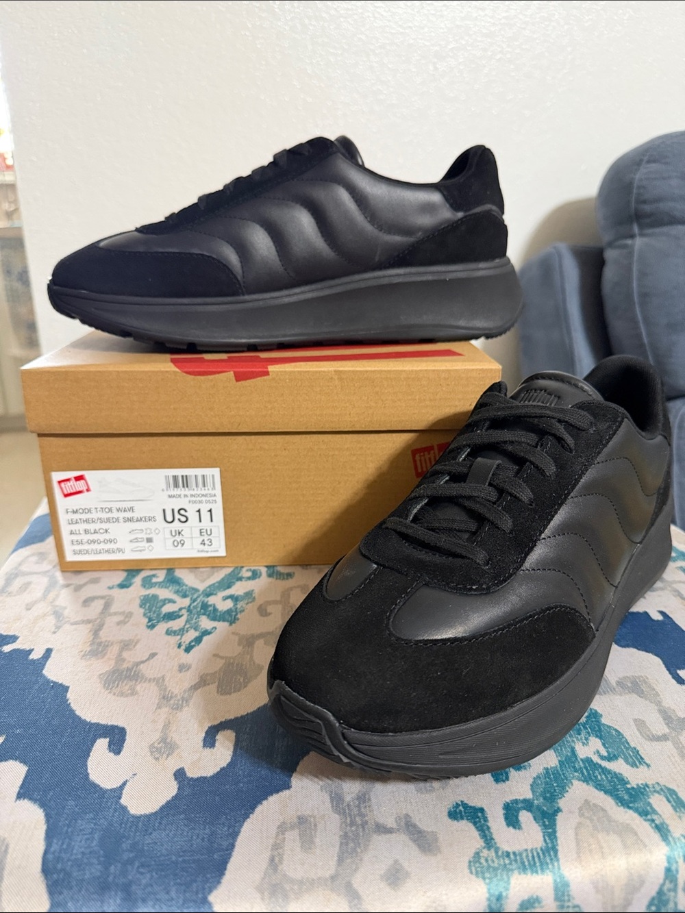 Fitflop Women’s F-Mode T-Toe Black Leather & Suede Wave Sneakersi